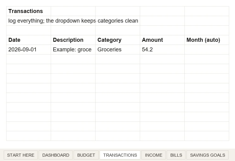 The TRANSACTIONS log: date, description, category, amount