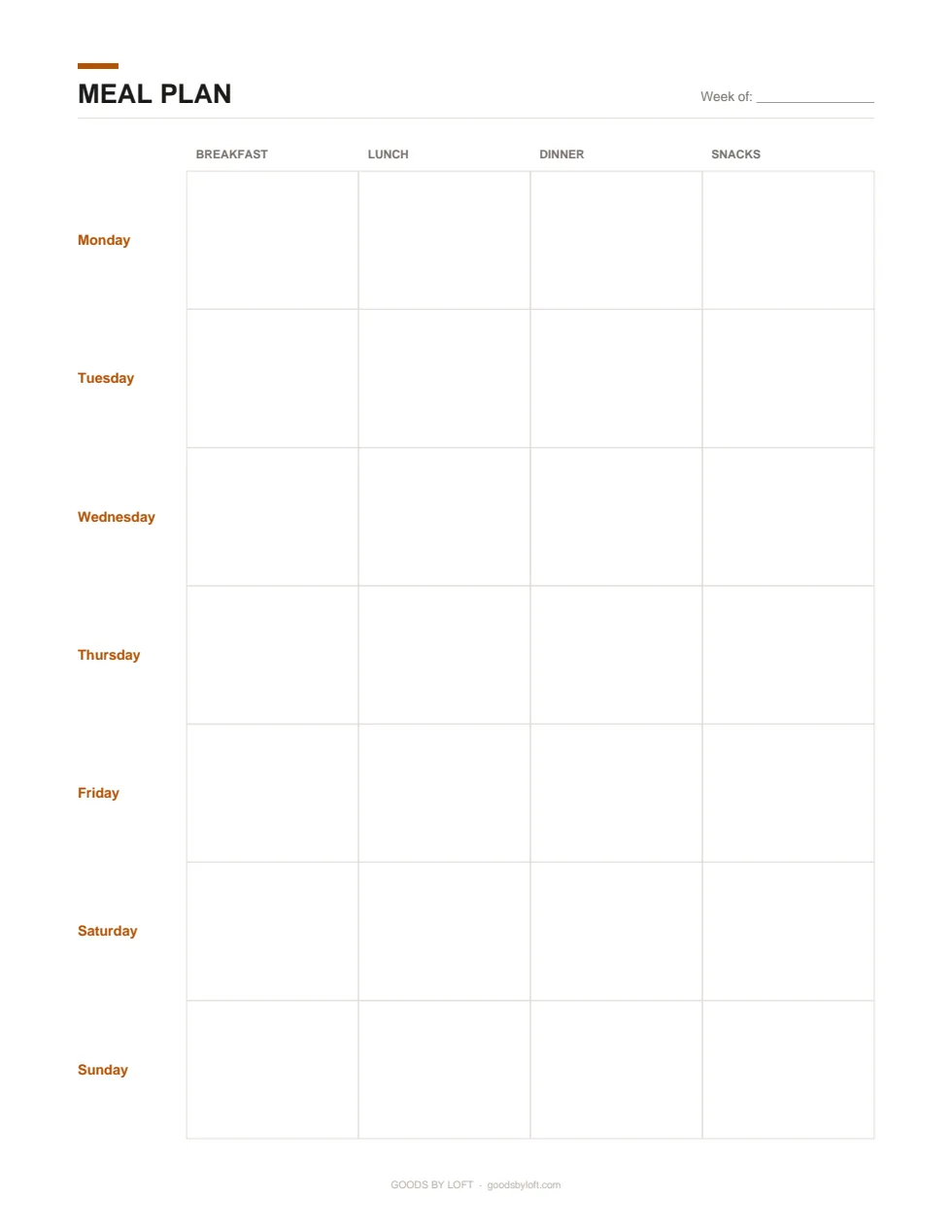 The whole week's meals on one page